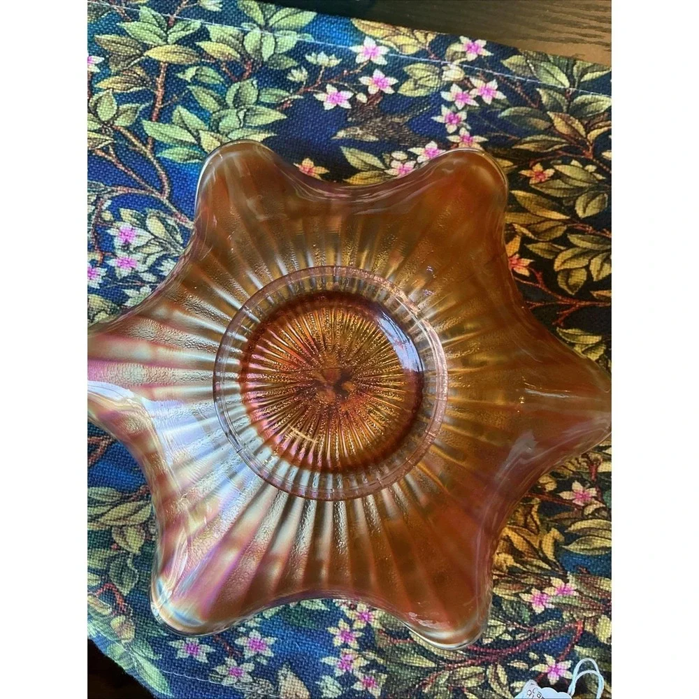 Antique FENTON Stippled Rays Amethyst Carnival Round Crimped Bowl‎ 8